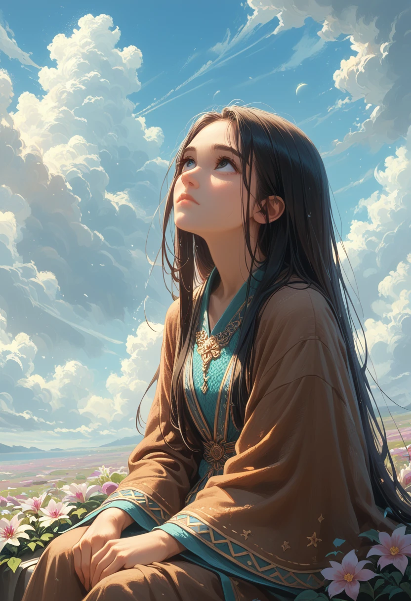 (Best quality, masterpiece), Turquoise mesh filter, (1 girl, One, brown robe, facial expression, Looking up, sitting, wide sleeves, black eyes, closed mouth, long hair, cowboy shot), (clear sky, The Cosmos Flower is served, cloud),