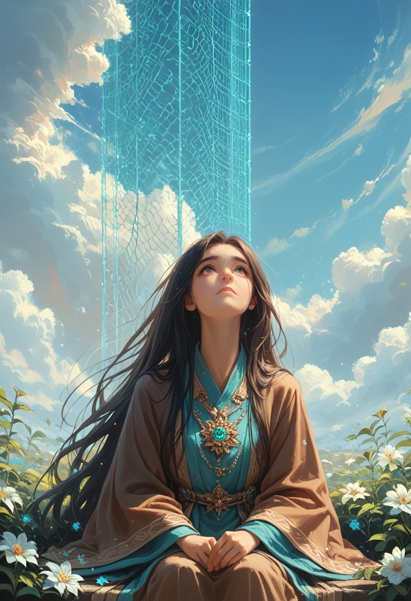 (Best quality, masterpiece), Turquoise mesh filter, (1 girl, One, brown robe, facial expression, Looking up, sitting, wide sleeves, black eyes, closed mouth, long hair, cowboy shot), (clear sky, The Cosmos Flower is served, cloud),