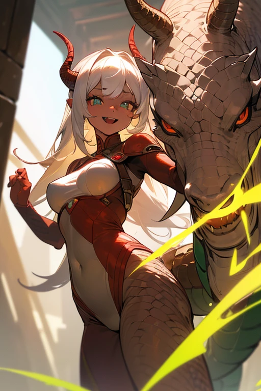 ((Masterpiece:1.5, Best Quality, High Resolution:1.3, Super Resolution, Super Detailed, Ultra Detailed:1.3, Perfect Anatomy:1.5, 1 Female) Brown skin + Long white hair + Reddish eyes + Long eyelashes + Female figure (Close-fitting suit that shows a lot, straps, long white horns, dragon features, fangs, scaly tail) ((Open eyes, cheerful expression, luminous eyes))