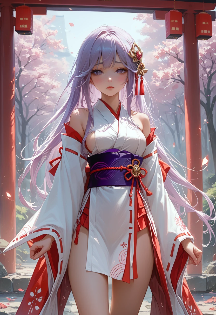 (Best quality:1.4), a high resolution, masterpiece,, 1 girl,, light purple hair, purple eyes, (Kemomimi), medium breast, bare slender thigh,, hair ornament, (red|White Japanese Miko Clothing), cut off sleeves,, blush,, flashlight, shrine,, detailed face,