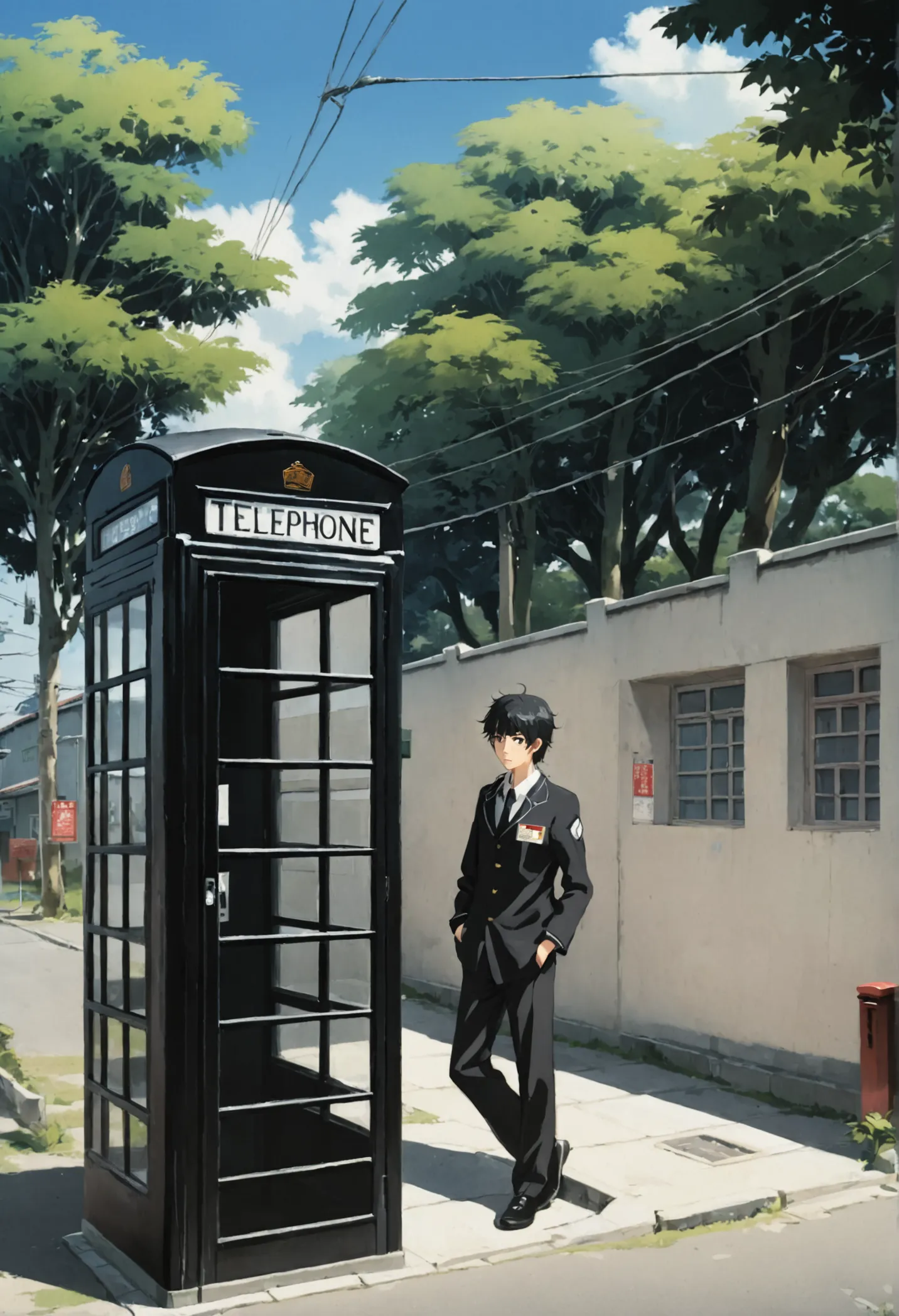 telephone booth on the outskirts of town,　male student in black uniform、anime