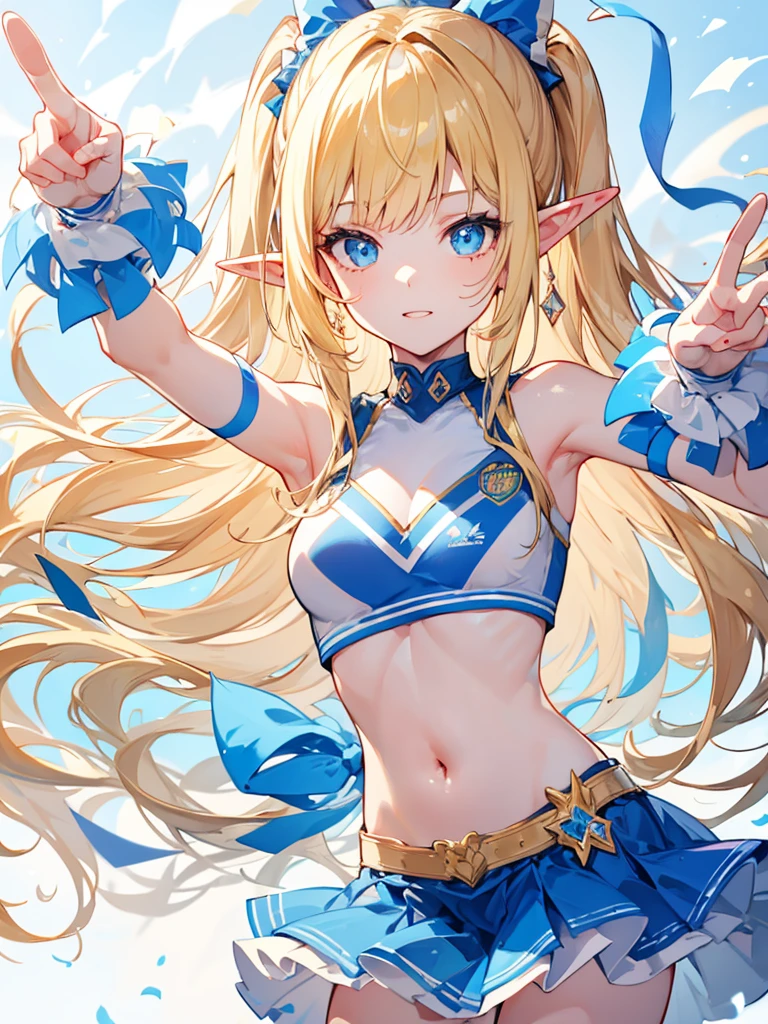 masterpiece, best quality, 1girl, ultra detailed, ultra highres, well-definded facial features, anatomically correct, cute girl, long pointy ears, elf, nice face,blonde hair, blue eyes, peace sign, cheerleader,