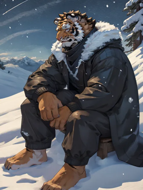 male orc tiger，black raincoat，black hat with brim，sitting in the snow，snowy day，look at the sky，barefoot，high quality