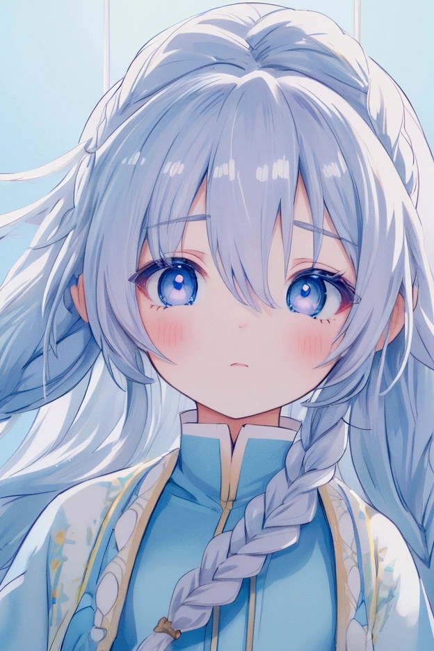 anime, hda, a close up of a woman with ((white braided hair)) and (((the most beautiful pastell eyes))) in (((blue outfit))), (((determined)), 8k, Unreal Engine 5, octane render, by kyun, gamang, Yoon Gon-Ji, g.ho, gosonjak, shuroop, serious, domi, noah, trending on pixiv, fanbox, skeb, masterpiece, detailed face, smooth soft skin, big dreamy eyes, beautiful intricate colored hair, symmetrical, anime wide eyes, soft lighting, concept art, digital painting, 