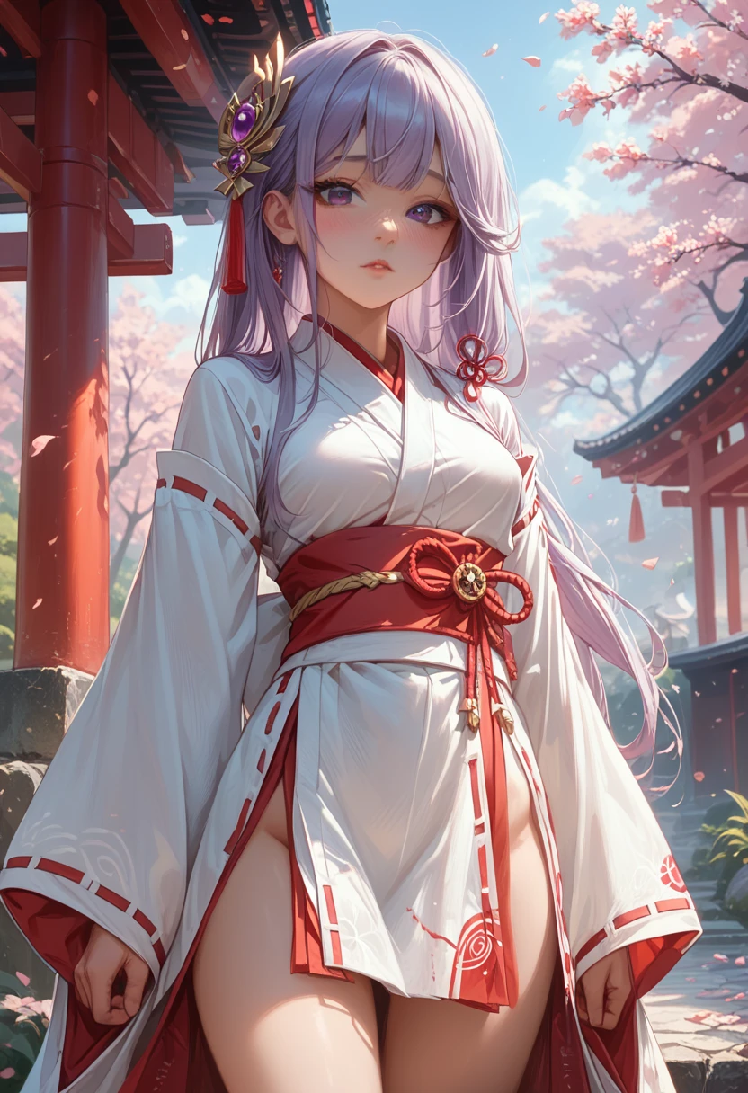 (Best quality:1.4), a high resolution, masterpiece,, 1 girl,, light purple hair, purple eyes, (Kemomimi), medium breast, bare slender thigh,, hair ornament, (red|White Japanese Miko Clothing), cut off sleeves,, blush,, flashlight, shrine,, detailed face,