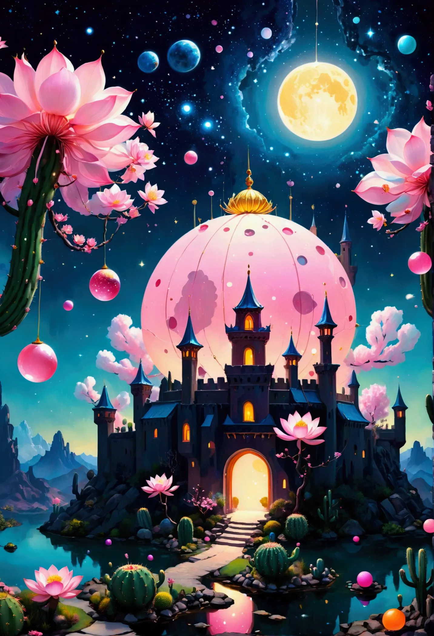 fantastic, eye shaped castle, surrealism, colorful spheres floating, mysterious atmosphere, pink cherry blossom tree, oversized ...