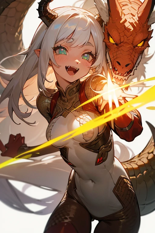 ((Masterpiece:1.5, Best Quality, High Resolution:1.3, Super Resolution, Super Detailed, Ultra Detailed:1.3, Perfect Anatomy:1.5, 1 Female) Brown skin + Long white hair + Reddish eyes + Long eyelashes + Female figure (Close-fitting suit that shows a lot, straps, long white horns, dragon features, fangs, scaly tail) ((Open eyes, cheerful expression, luminous eyes))