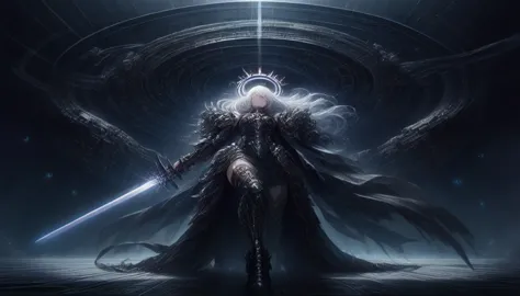 fierce character in ornate black armor, holding a glowing sword, with long flowing silver hair. the pose is powerful and confide...