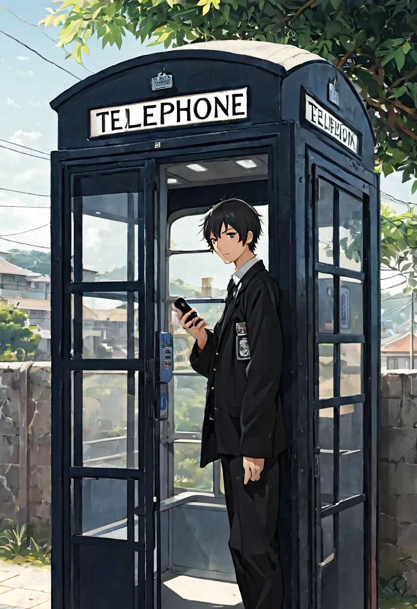 telephone booth on the outskirts of town,　male student in black uniform、anime、in the phone booth、