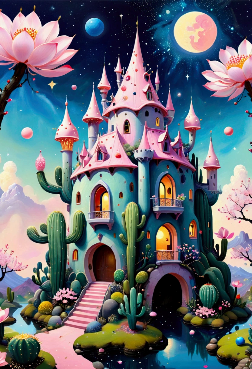 Pastel Art，A painting，Childish Art，Folk art，Fantastic, Eye shaped castle, Surrealism, Colorful spheres floating, Mysterious atmosphere, Pink cherry blossom tree, Oversized lotus, Night sky details, Vibrant cactus, starlight embellishment, Artistic fantasy, full of imagination, Like a dream, Fantasy Landscape, Art Dream.