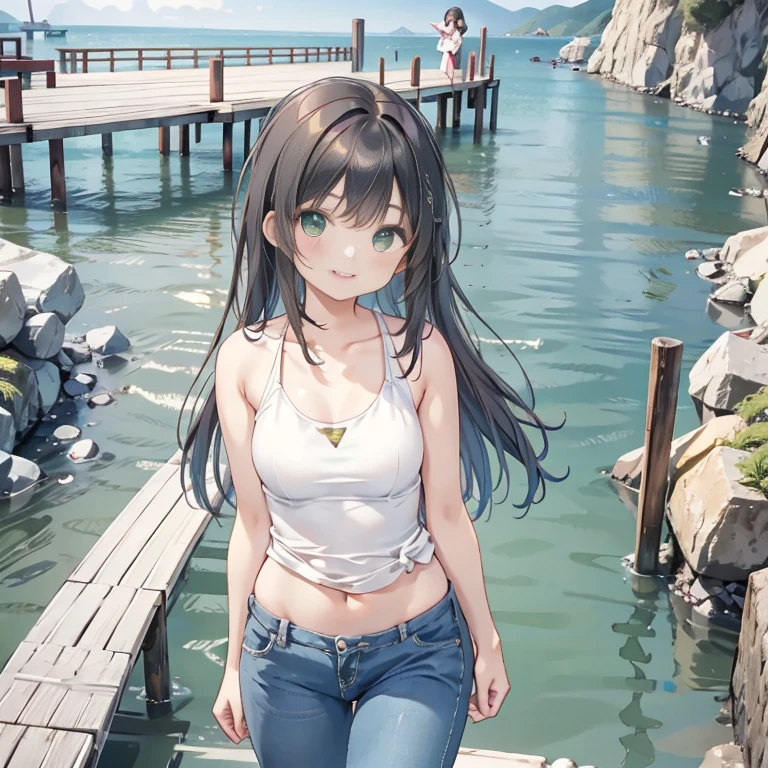 A woman wearing a pale green tank top and jeans is standing on a pier., 若いAsian Woman, 若いAsian Woman, Beautiful young Korean woman, young asian girl, beautiful 若いAsian Woman, Beautiful Korean Women, Asian Woman, Waving and smiling, Beautiful Asian, 美しいAsian Woman, Long haired asian girl, near a jetty