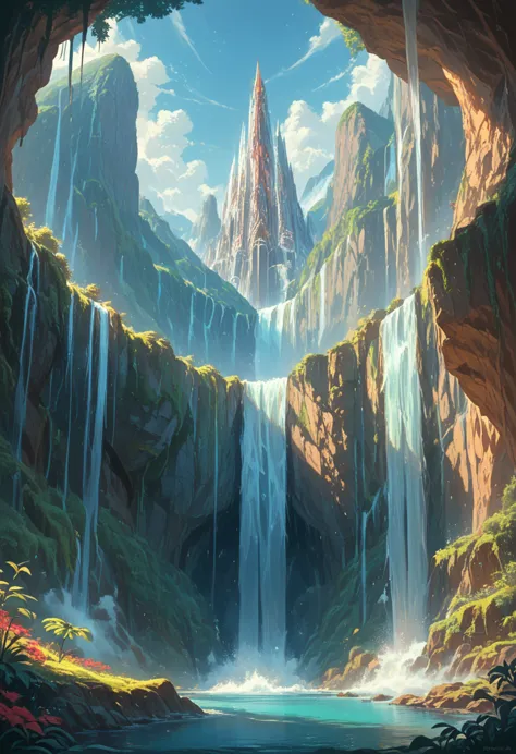 super huge mountains alps magnificent view magnificent nature fantasy huge waterfall high resolution masterpiece best quality