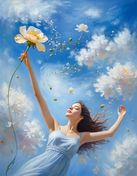 top quality, high image quality, woman and flower, (composition floating in the sky), gentle and blurry touch, sfumato technique...