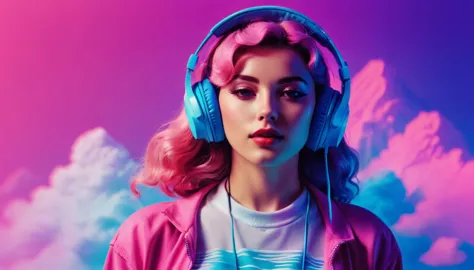 woman with headphones,vaporwave aesthetic style, synthetic wave,