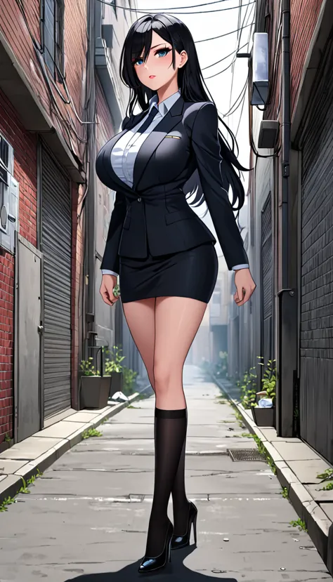 highest quality、one woman, age 26、policewoman、black hair、long hair、hanging eyes、dark eyes、black clothing、big breasts、suit、pencil...