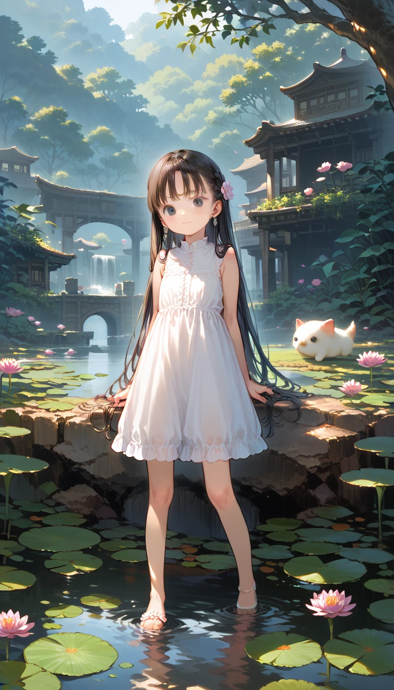 There is a girl sitting on a stone, (white  clothes), fresh color scheme, there's a stuffed toy, Guvez style art, Popular na cgstation, illustrated by Li Song, anime suave, standing on a water lily pad, standing in lotus flower, cute digital art e meticulosa, cute art style, in the lagoon, Yang J., cute digital art, Guvitz, standing near the pond