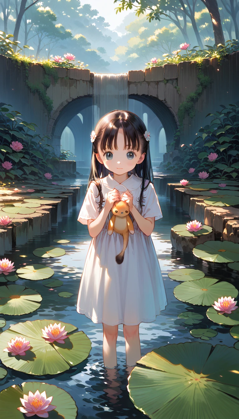 There is a girl sitting on a stone, (white  clothes), fresh color scheme, there's a stuffed toy, Guvez style art, Popular na cgstation, illustrated by Li Song, anime suave, standing on a water lily pad, standing in lotus flower, cute digital art e meticulosa, cute art style, in the lagoon, Yang J., cute digital art, Guvitz, standing near the pond