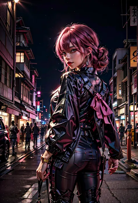 sexy girl with pink hair, pink eyes , revealing clothes, in the background japanese city at night,next to a lamborghini