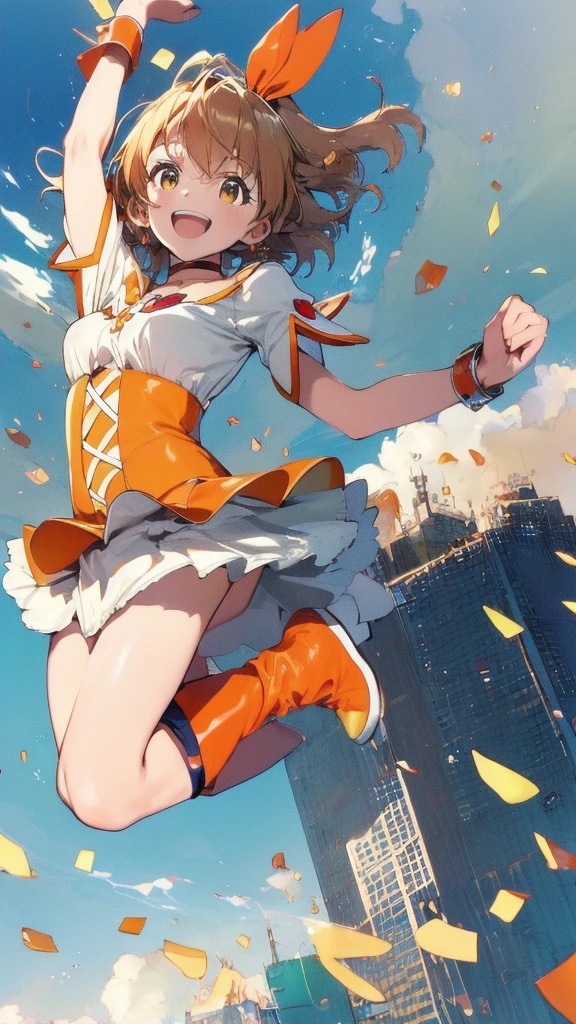 ((masterpiece, high quality, best quality, ultra detailed)), perfect anatomy, anime
concrete building, city, Sky-high background, distant view, sky above the city
1girl, (small breasts:1),
dutch angle, dynamic angle, dynamic pose,
(smile:1.2), cute, (cheerful:1.2),
looking at viewer, cute pose, uplifted, 
(cure pine:1.05), (precure:0.3), one side up, short hair, hair ribbon, frills, short sleeves, wrist cuffs, orange choker, orange boots, yellow skirt, (side short ponytail:0.5),
(jumping:1.35), (arms up:1.1), (clenched hand:1.4), (natural:1.2), 
bend kneel, inner thigh, wariza, arched back, floating feeling, air_staying
 