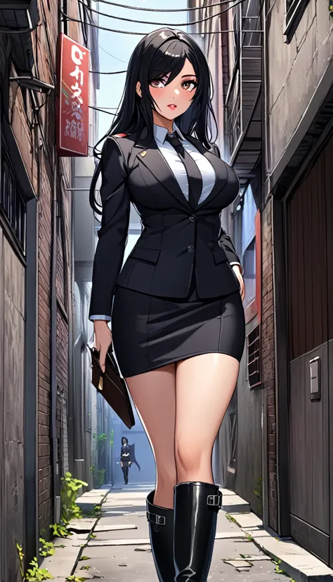 highest quality、one woman, age 26、policewoman、black hair、long hair、hanging eyes、dark eyes、black clothing、big breasts、suit、pencil...