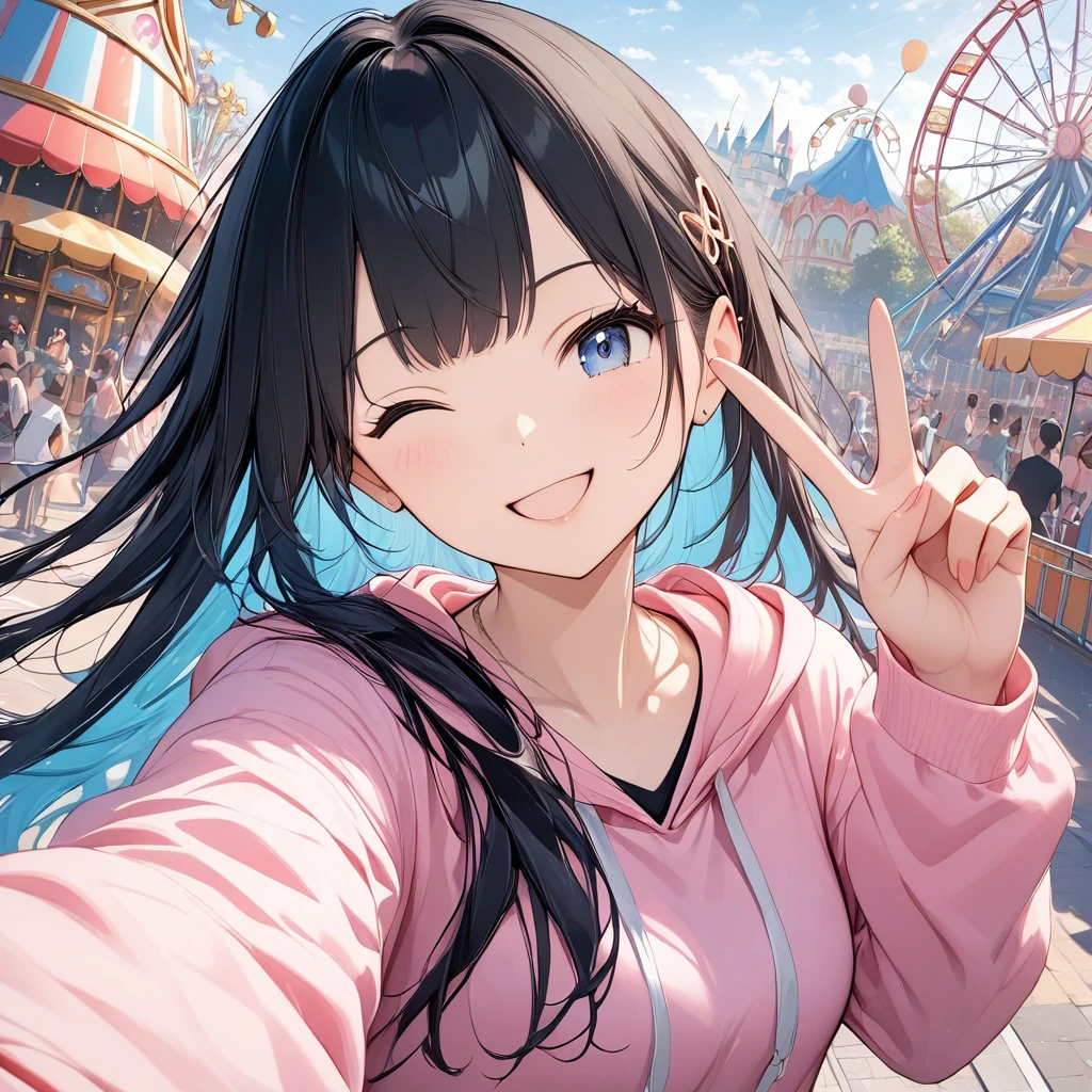 anime、((Amazingly absurd)),(masterpiece:1.2),超High resolution, Attention to detail, high quality, High resolution, 最high quality, 4K, 8k、Girl taking a selfie、peace sign、long hair、Black Hair、blue eyes、(((Wink)))、Pink hoodie、In the amusement park、Black points、Front angle