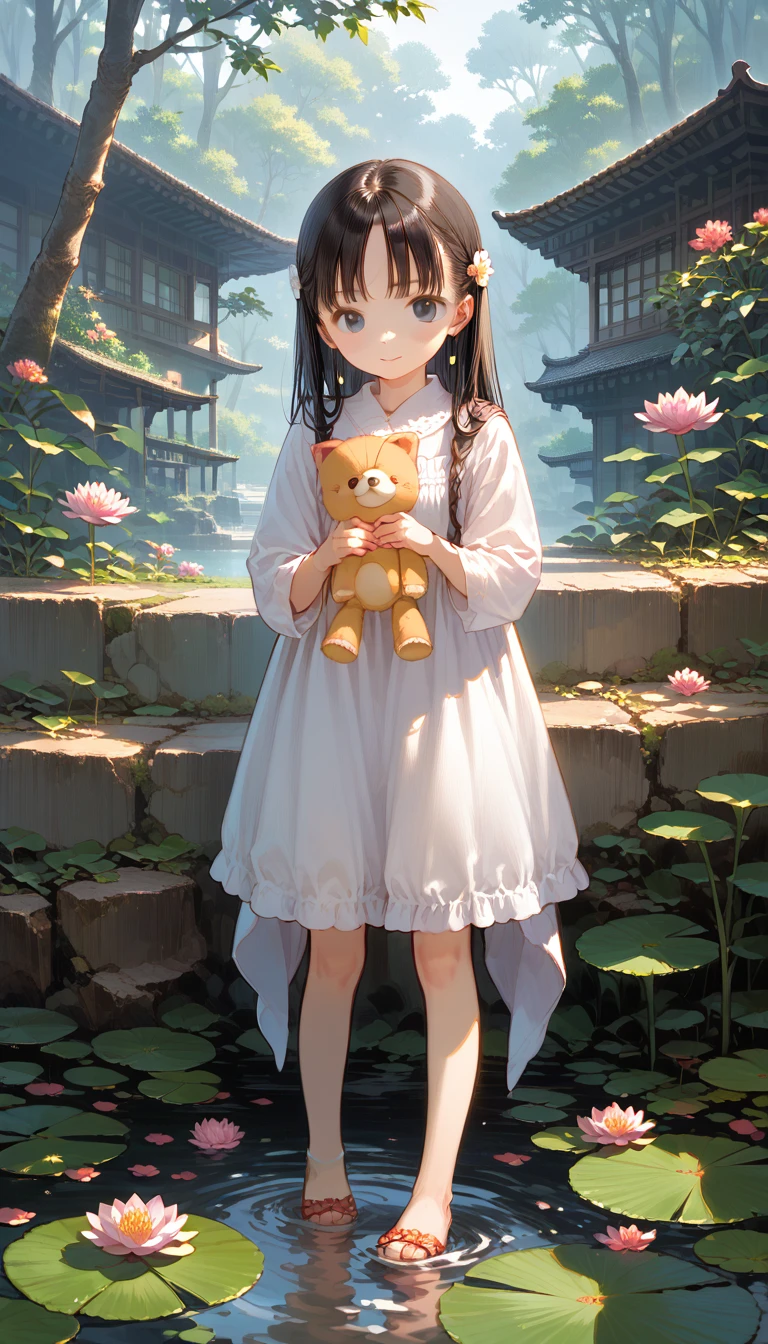 There is a girl sitting on a stone, (white  clothes), fresh color scheme, there's a stuffed toy, Guvez style art, Popular na cgstation, illustrated by Li Song, anime suave, standing on a water lily pad, standing in lotus flower, cute digital art e meticulosa, cute art style, in the lagoon, Yang J., cute digital art, Guvitz, standing near the pond