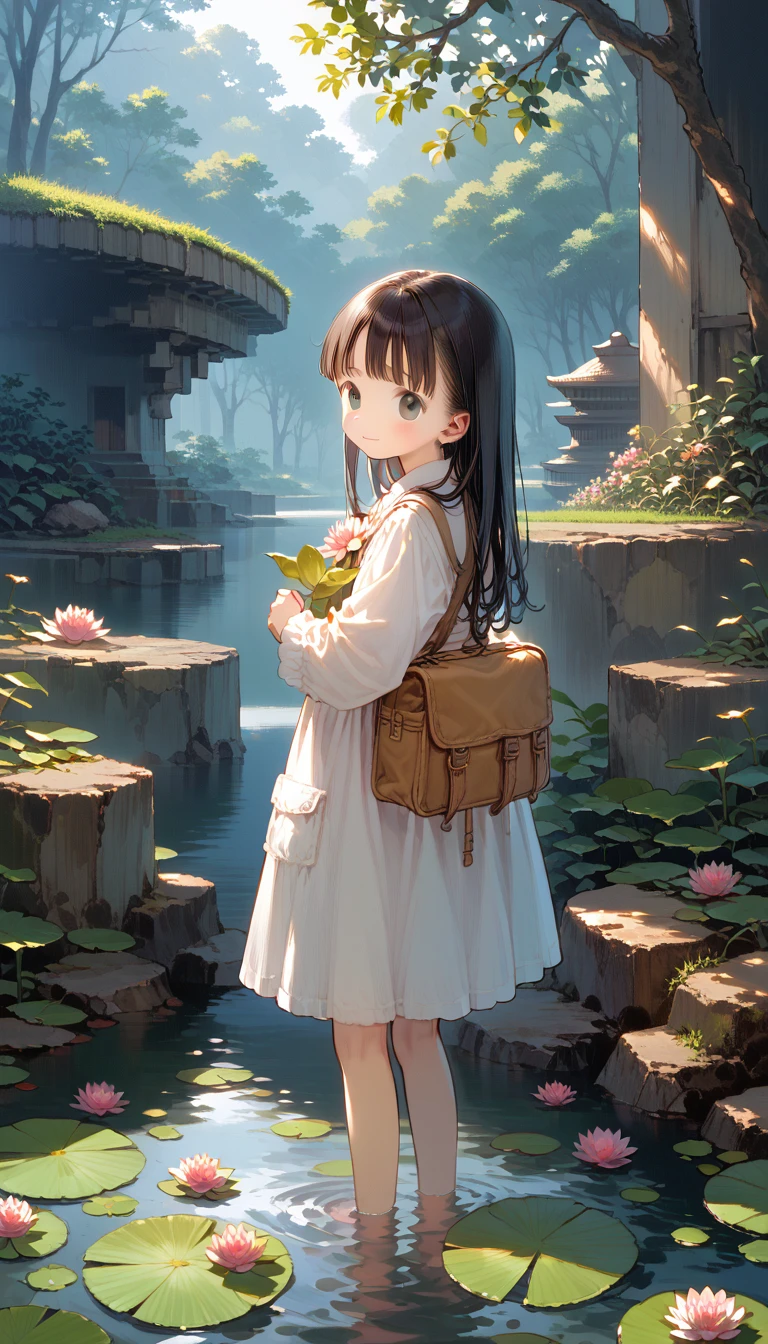 There is a girl sitting on a stone, (white  clothes), fresh color scheme, there's a stuffed toy, Guvez style art, Popular na cgstation, illustrated by Li Song, anime suave, standing on a water lily pad, standing in lotus flower, cute digital art e meticulosa, cute art style, in the lagoon, Yang J., cute digital art, Guvitz, standing near the pond