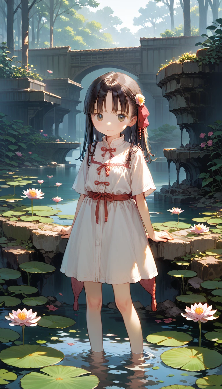 There is a girl sitting on a stone, (white  clothes), fresh color scheme, there's a stuffed toy, Guvez style art, Popular na cgstation, illustrated by Li Song, anime suave, standing on a water lily pad, standing in lotus flower, cute digital art e meticulosa, cute art style, in the lagoon, Yang J., cute digital art, Guvitz, standing near the pond