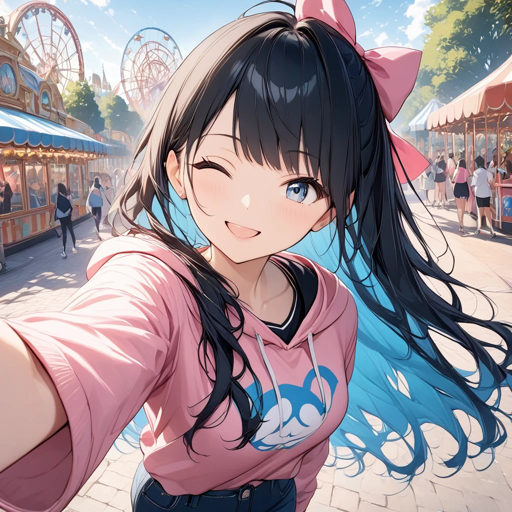 anime、((Amazingly absurd)),(masterpiece:1.2),超High resolution, Attention to detail, high quality, High resolution, 最high quality, 4K, 8k、Girl taking a selfie、peace sign、long hair、Black Hair、blue eyes、(((Wink)))、Pink hoodie、In the amusement park、Black points、Front angle