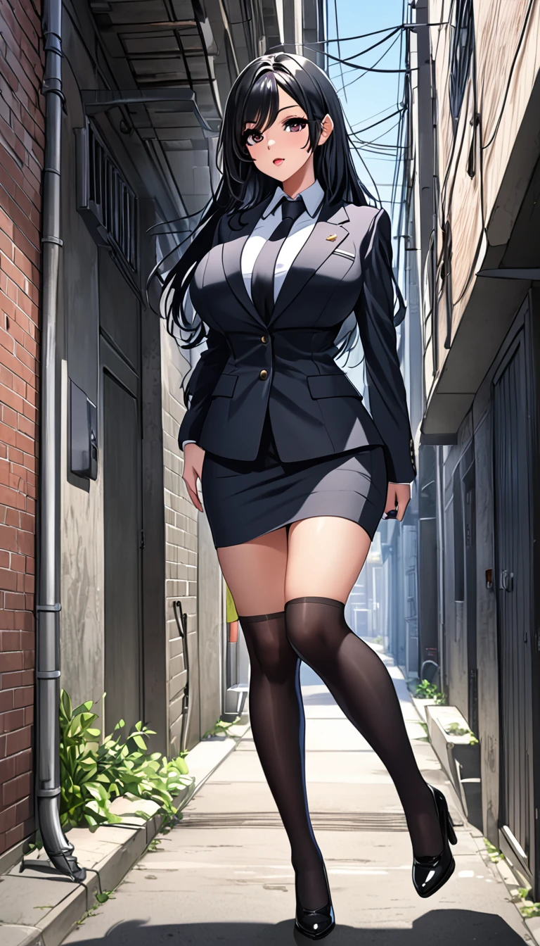 Highest quality、One woman, age 26、Policewoman、Black Hair、Long Hair、Hanging eyes、Dark Eyes、Black clothing、Big Breasts、suit、Pencil Skirt、Over the knee socks、stand、Back Alley