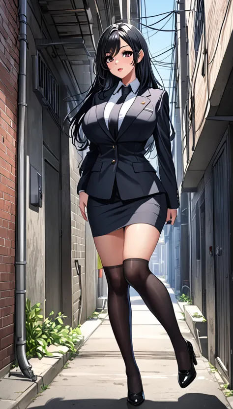 highest quality、one woman, age 26、policewoman、black hair、long hair、hanging eyes、dark eyes、black clothing、big breasts、suit、pencil...