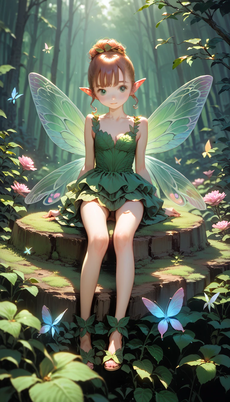 Anime girl in green and black costume on wings and green background, pixie character, fairy, forest fairy, insect trainer girl, brunette elf with fairy wings, pixie, cute 3d anime girl rendering, April rendering, fairy dance, open legs  