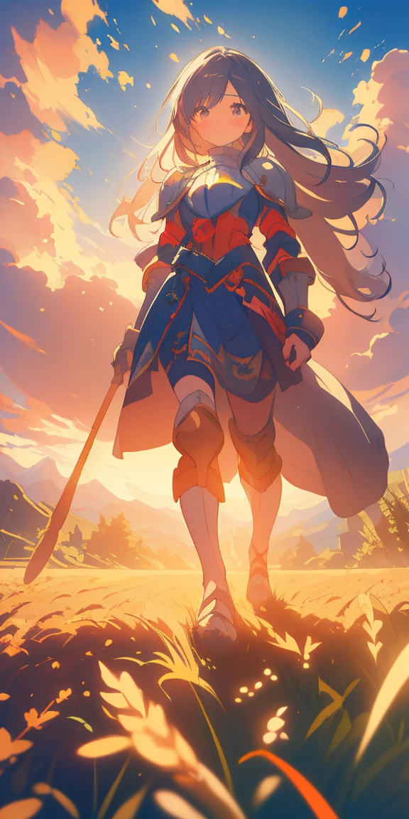 (masterpiece,Highest quality:1.4)、A painting of a long-haired knight fighting a slime, Wheat field, Spectacular Clouds ((Picturesque)) ((Impressionism)) Vibrant, Soft Edge (((Warm glow))) Full body Full body from below 1sologirl, Feet together, Walking while looking down