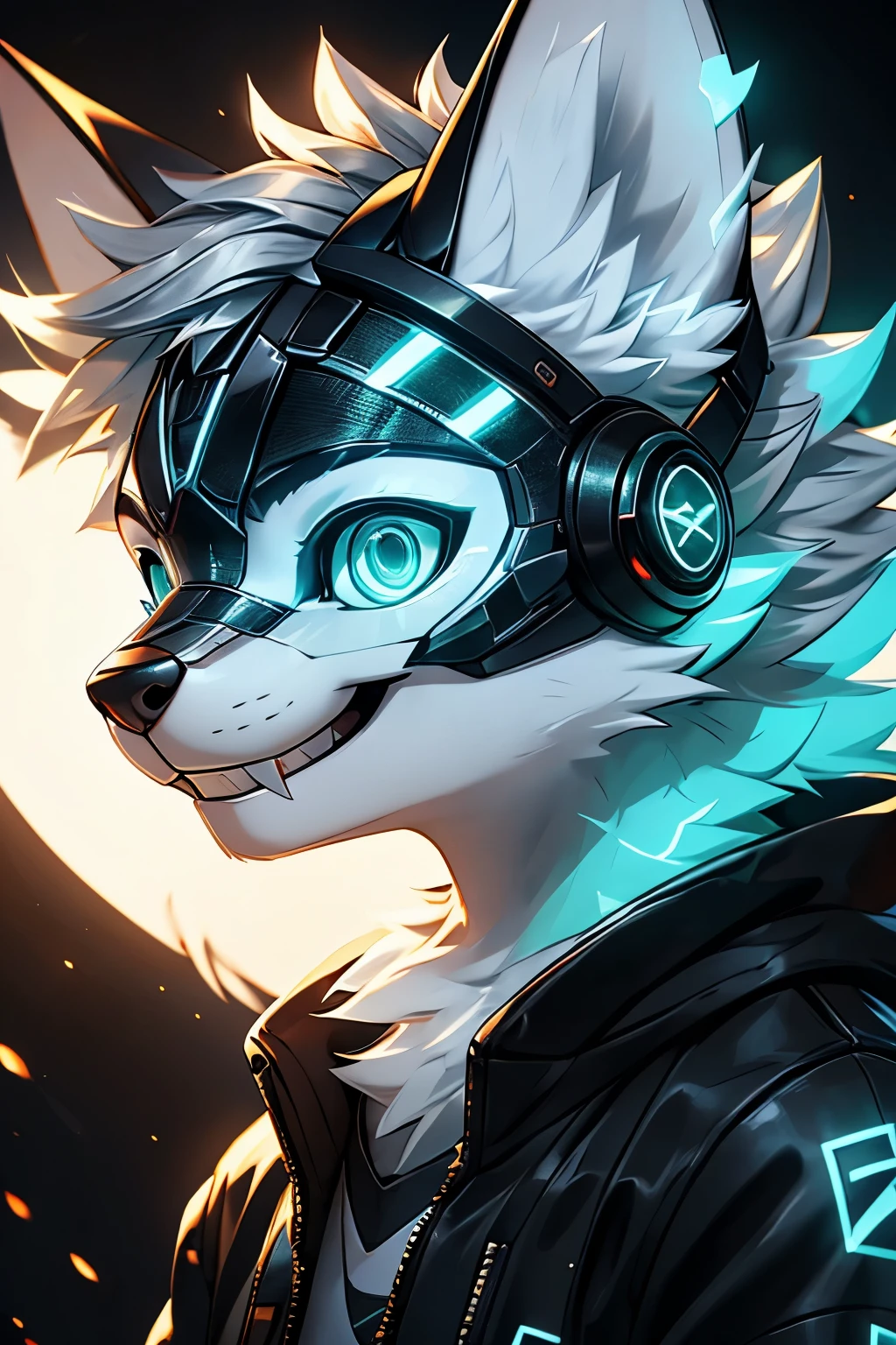 Young werewolf, White fur, Wearing a black jacket with neon details, Wearing a mechanical mask, With gaming headset, Profile picture, Face close-up high quality, The art of math, , HD 4K realism, ((clear structural details)), Meticulous and pragmatic, delicate eyes, (Turquoise blue pupils), ((Silvery-white glowing eyes)), evil smile, Smile, Slender, soft, 4K, excellent quality, High Detail, Fine fur, ((The tail is in the right position) ，Light blue shirt。Two ears，Yellow hair，whole body，permanent
