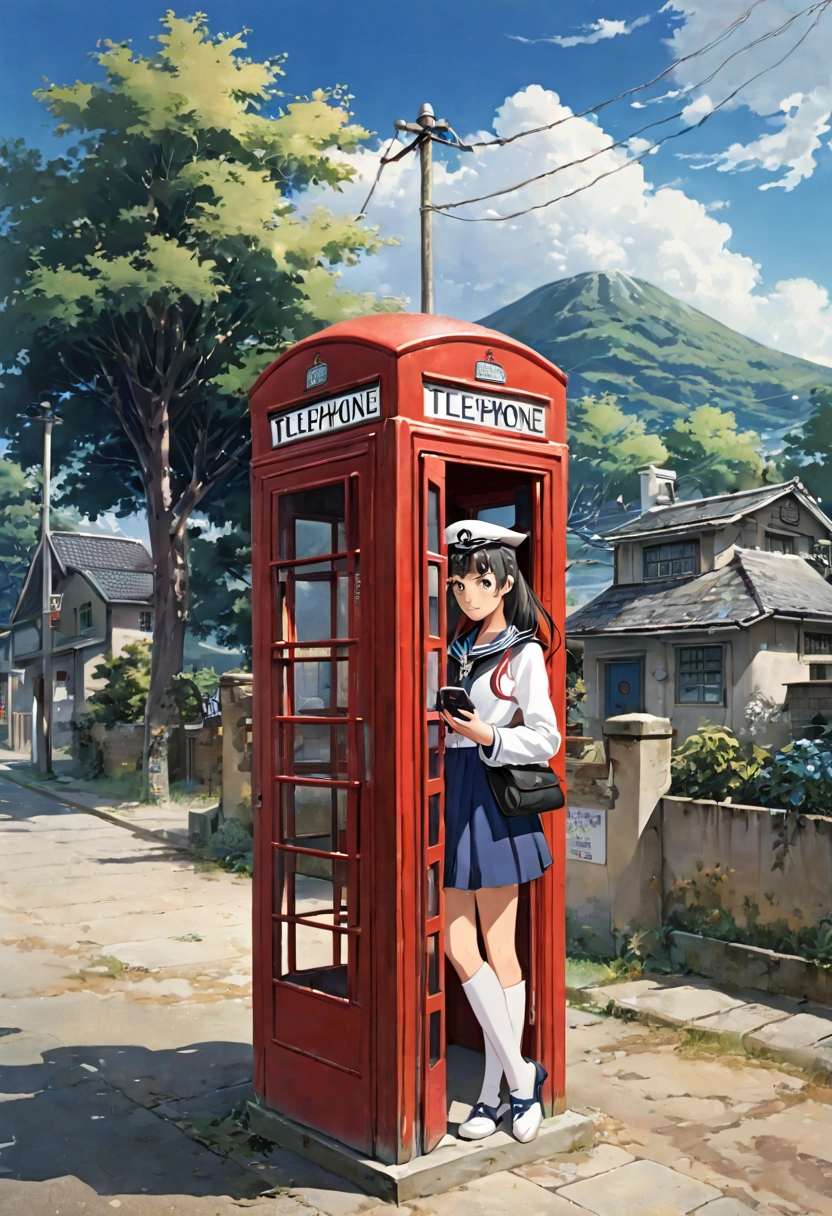 Telephone booth on the outskirts of town,　Sailor suit female student、anime、Holding the receiver in a phone booth