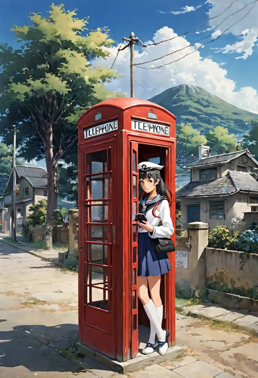 telephone booth on the outskirts of town,　sailor suit female student、anime、holding the receiver in a phone booth