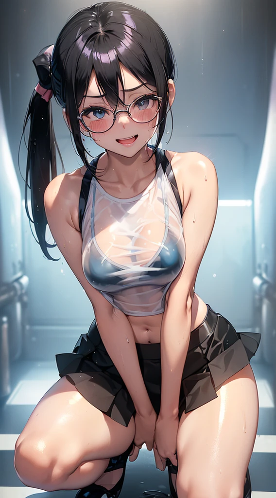 1 female,black hair,2,(((blue shiny micro tight skirt)))((white tank top))(((blush、open mouth smile)),(((straight hair))),(((portrait))),crowd,,(wet with sweat)(sexy black bra and see-through tank top)(Glasses)(((small breasts)))((low ponytail)),squatting down, spread legs,