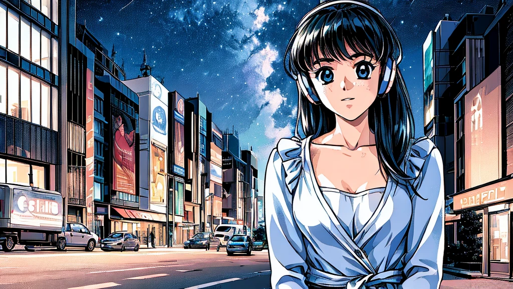 ((masterpiece)),(((Highest quality))),((Super detailed)) Realistically, 1 Girl, beautiful, Wearing headphones, one person　 Watching the night view, city, Starry Sky, building, night.　Long Black Hair　The wind is blowing　Cleavage　Girl sits on the corner　Landscape