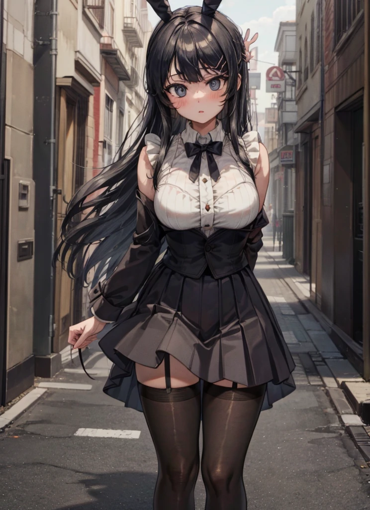 score_9, score_8_up, score_7_up masterpiece, best quality, vibrant colours, highres, absurdres, detailed, 1girl, sakurajima mai, solo focus, outdoors, street, long black hair, bunny ears, wearing a black suit with white shirt and bowtie, stockings with garters, maid-inspired outfit, detailed facial expression, large eyes, soft lighting, intricate background with subtle light effects, slightly blushing, standing in a confident pose