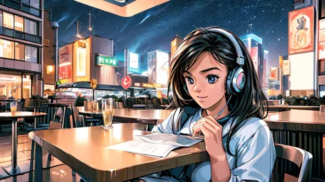 ((masterpiece)),(((bestquality))),((ultra-detailed)) realisticlying, 1 girl, beautiful, wearing headphones, enjoying hot coffee ...