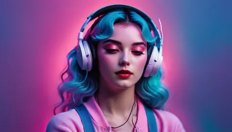 woman with headphones,vaporwave aesthetic style, synthetic wave,