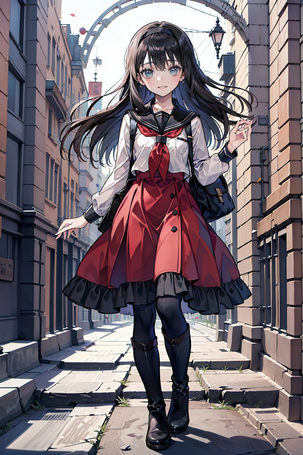 Anime Style、Storytelling、、beautiful girl、とてもcute天使、Red school bag、cute、Baby Face、smile、Long skirt、Black long boots、Very cute headband、Very cute dress
