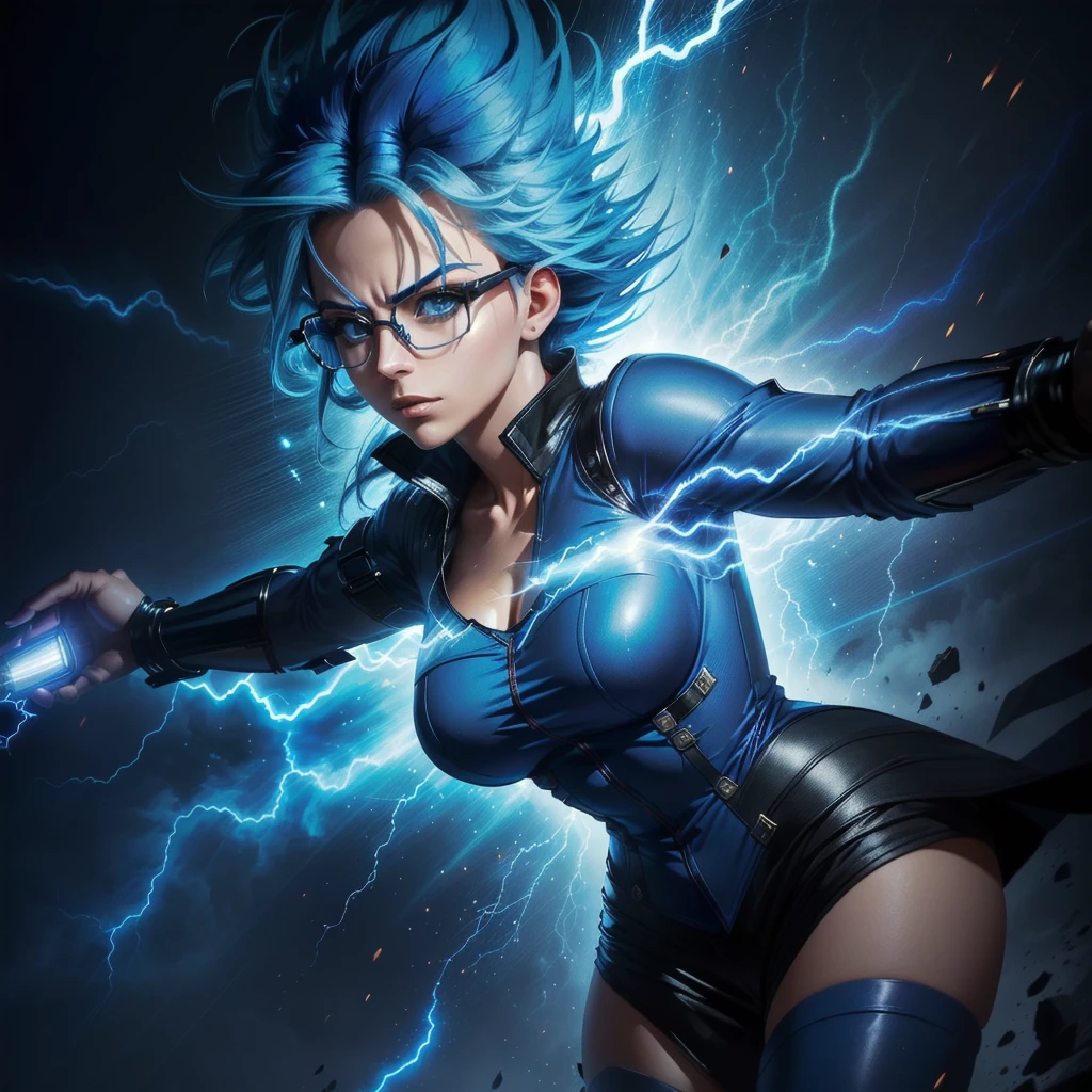 Close shot, a beautiful woman with blue hair, glasses, a serious face, with electric powers, in an incredible dynamic pose, thunder aura, cinematic lighting, god rays, anime style, UHD, masterpiece, accurate, high quality, highres