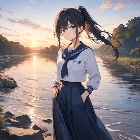 anime、((Amazingly absurd)),(masterpiece:1.2),超High resolution, Attention to detail, high quality, High resolution, 最high quality, 4K, 8k、girl、Hands in pockets、long hair、Black Hair、Very long braid、Tie at the back、ponytail、blue eyes、Sharp eyes、Sailor suit、Long skirt、Standing on the riverbank、sunset、Front angle