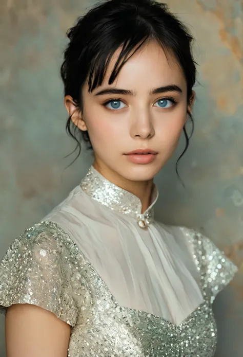 a with pale skin and short hair, straight black hair. stunning, iridescent eyes, with an intense and mysterious look. wearing co...