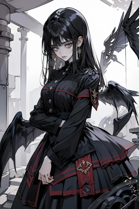 a world where the elegance of a bygone era meets the precision of mechanical innovation, the gothic girl、standing as a living wi...