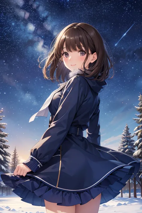 anegasaki nene、Shiny brown hair, short hair, (Beautiful brown eyes、Sparkling eyes, Fine grain)、smile、Ultra-detailed eyes、Highly detailed face, Highly detailed eyes,



Night sky on the hill. winter, winter colors, winter landscape, Starry Sky, Sky color Prussian blue Cobalt blue Purple Cyan. planet, bright star, shooting star, Tree tops moving in the wind, thre beautiful  girl in winter clothes observes the starry sky with a dreamy look.