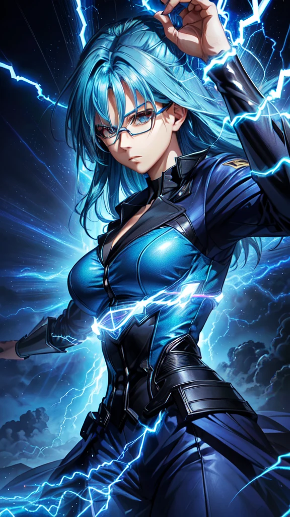 Close shot, a beautiful woman with blue hair, glasses, a serious face, with electric powers, in an incredible dynamic pose, thunder aura, cinematic lighting, god rays, anime style, UHD, masterpiece, accurate, high quality, highres