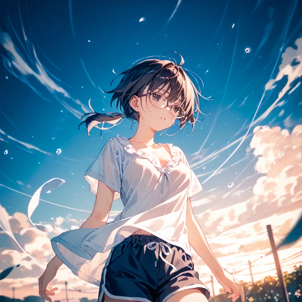 (by mitsumi misato:0.6),(by carnelian:0.3),(by kantoku:0.3), best quality, masterpiece, ,,break,1girl, tomboy, glasses, short hair, low ponytail, medium breasts, black eyes, shorts, sweat, sleepily, outdoors, wind, (Detailed background), (Detailed Lighting),,break,(clear line illustration:1.2), super detailed skin,very high resolution, very aesthetic, Best sexual lighting powered by famous artist, 8k, 16k, cute picture,beauty illustration,photoshop_(medium),,(Detailed Lighting),best anime 8k konachan wallpaper, pixiv contest winner,