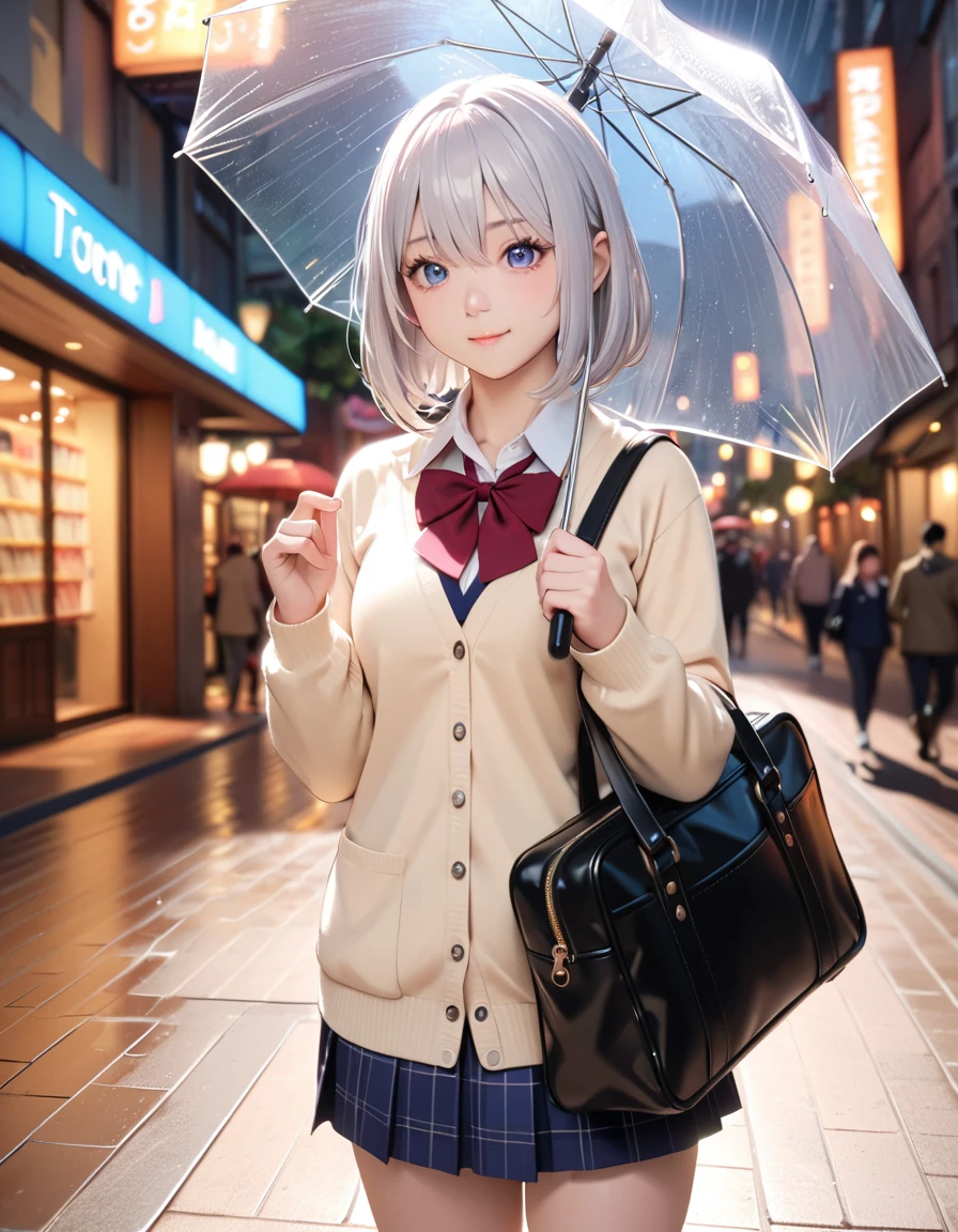 masterpiece, glowing particles, ambient lights, cute, 8K, hdr, high details, perfect lighting, perfect anatomy, BREAK (shiny silver hair:1.2), (bob cut, bang between eyes, beautiful hair), (glossy silver eyes:1.5), (beautiful eyes, twinkle eyes, large eyes), (athlete body, large breasts), cute face, beautiful face, pretty face, beautiful, best quality, good anatomy, long eyelashes, expressive eyes, Perfect Hands, perfecteyes, BREAK morning, raining, high school uniform, beige cardigan, city walk, holding school bag, girl is holding Vinyl transparent umbrella, hand holding umbrella